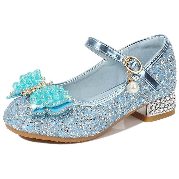 Viluyesy Girls Dress Heels Shoes, Party Wedding Birthday Ankle Strap Bow Pearls Kids Glitter Princess Shoes Blue