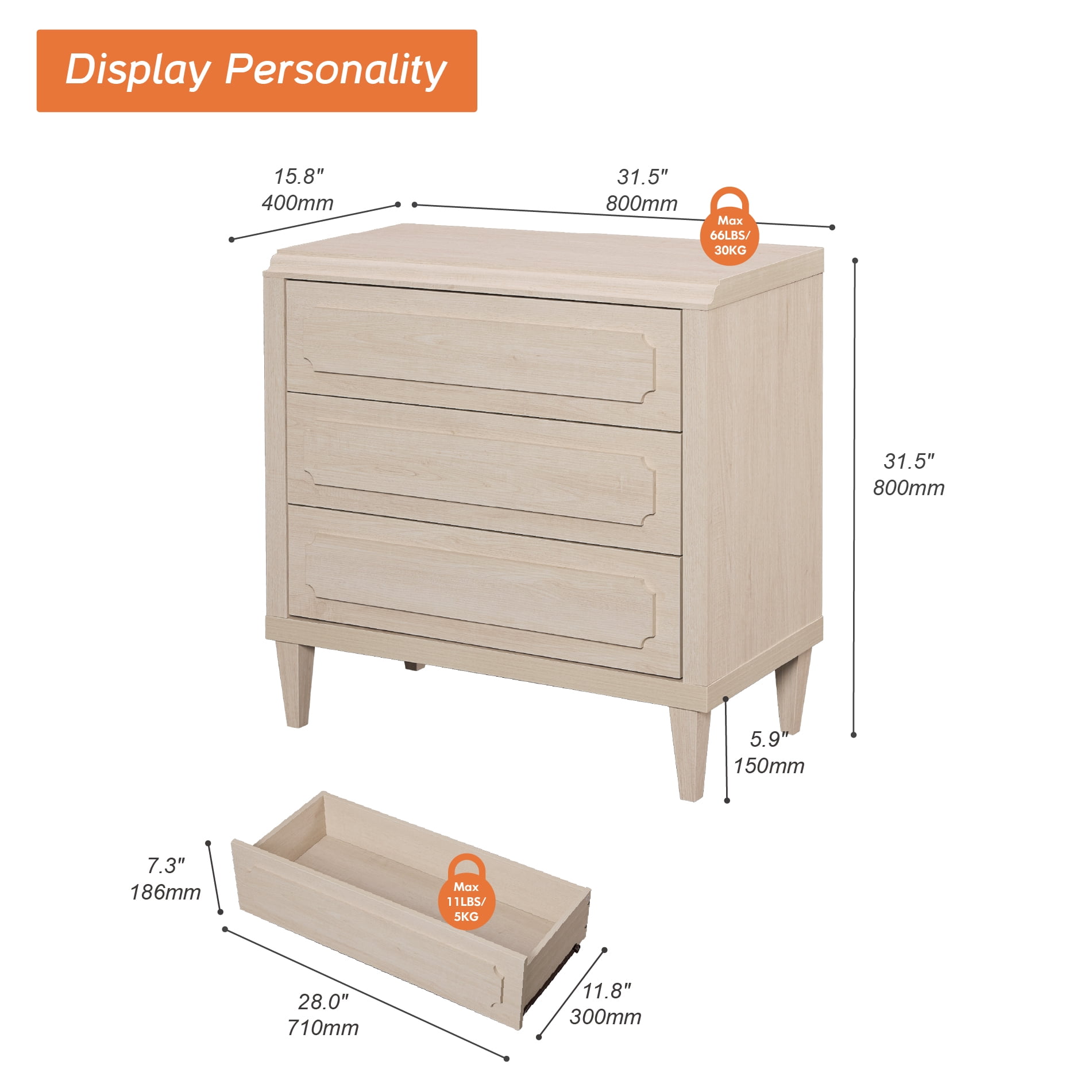 63" Oak Buffet Cabinet with Embossed Drawers, Modern Sideboard with Storage, Light Oak