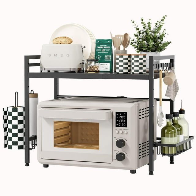 Soporte extensible para microondas, Organizador de Cocina, Repisas para cocina en Altura ajustable, Estante para Cocina, 2 Niveles con 8 Ganchos, 1 servilletero, 1 cesto para Especias, Negro