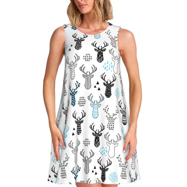 Fotbe Winter Art Blue and Black Moose Vestido de Verano sin Mangas para Mujer – Vestido Midi Línea A, Estilo Camiseta Floral, Vestido Playero Casual y Fluido