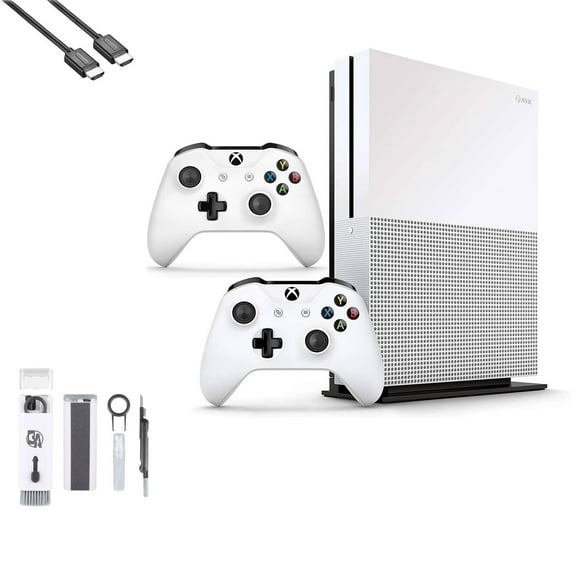 Pre-Owned Microsoft Xbox One S 1TB with 2 Controller, 4K Ultra HD White with BOLT AXTION Cleaning Kit HDMI Bundle