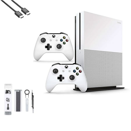 Pre-Owned Microsoft Xbox One S 1TB with 2 Controller, 4K Ultra HD White with BOLT AXTION Cleaning Kit HDMI Bundle