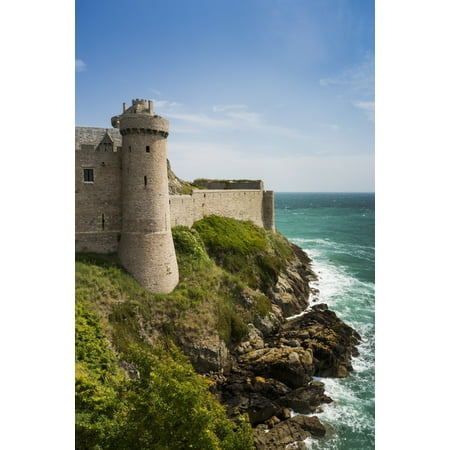Old stone walled fort with turret on rocky shoreline along the sea with blue sky and clouds Plevenon Brittany France Stretched Canvas - Michael Interisano  Design Pics (12 x
