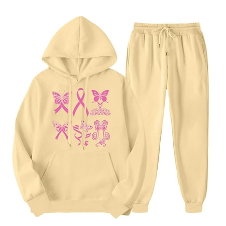 aohooy Womens Sweat Suits 2 Piece with Hoodie Women s 2 Piece Outfits Breast Cancer Pink Ribbon Graphic Drawstring Long Sleeve Hoodies Sweatshirt and Sweatpants Set 2024 Beige XXL