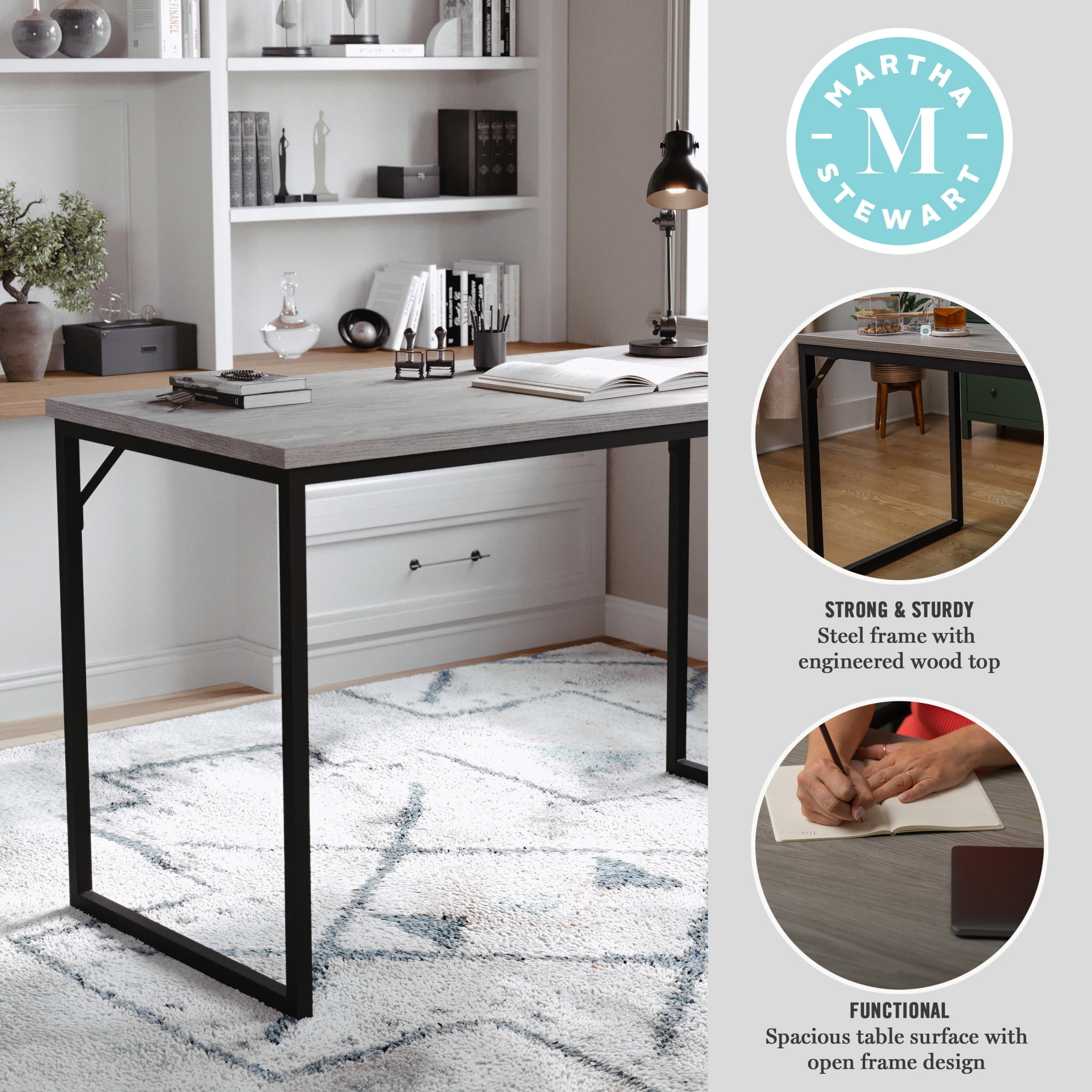 Martha Stewart Noah Home Office Parsons Desk in Gray Wood Grain with Oil Rubbed Bronze Metal Frame