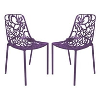 LeisureMod Stackable Dining Chair in Aluminum with Stackable and Floral Cutout Design Indoor Outdoor Use No Assembly for Modern Home, Kitchen, Patio Devon Collection in Purple Set of 2