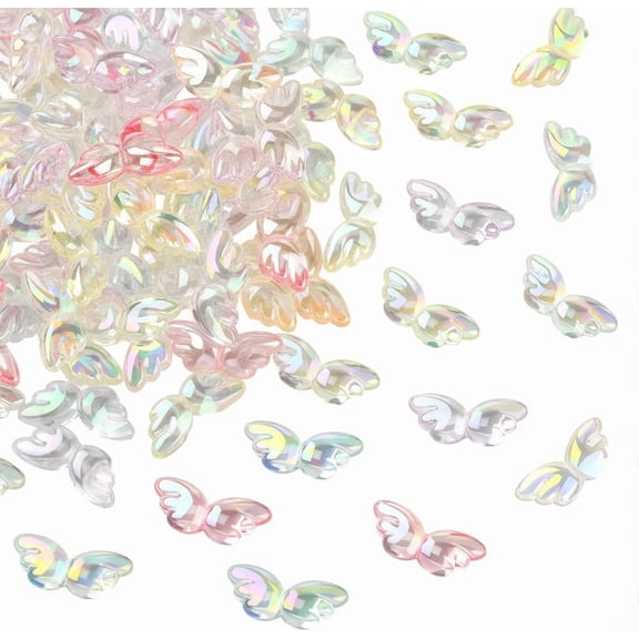 1 Box 100PCS Angel Wing Acrylic Bead with Hole Fairy Acrylic Wings Iridescent Transparent Loose Spacer Beads Bulk for Jewelry Making Earrings Bracelets Necklace Decor DIY Craft Supplies