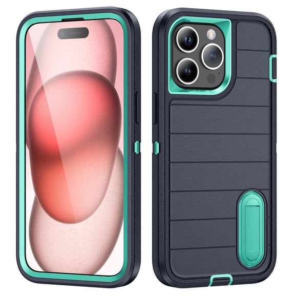 for iPhone 16 Plus Case with Built in Kickstand Heavy Duty 3-Layer[Shockproof][Dropproof][Dust-Proof] Military Grade Rugged Edge Raised Protection Cover Case For iPhone 16 Plus,Darkblue/Mint