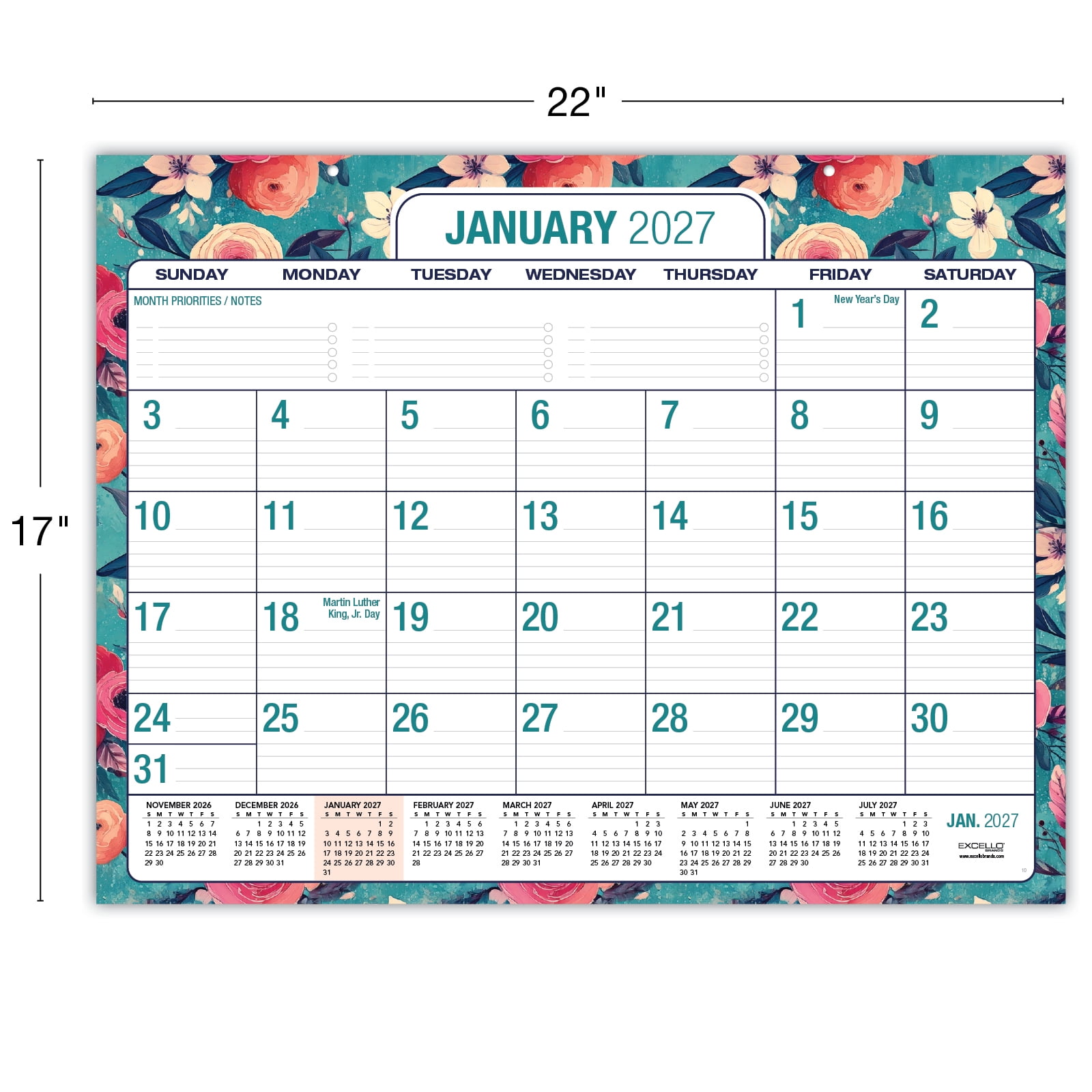 Excello Brands Desk Pad AY 2026-2027 - 22"x17" (Teal Floral)