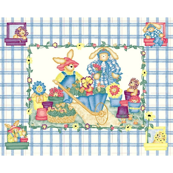 45" Garden Bear Baby Blue Panel Cotton Fabric