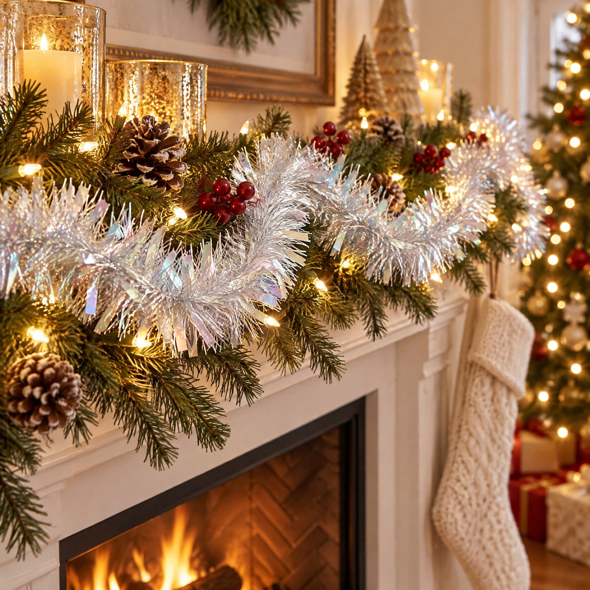Tinsel Christmas Garland, Iridescent and Silver, 12', by Holiday Time