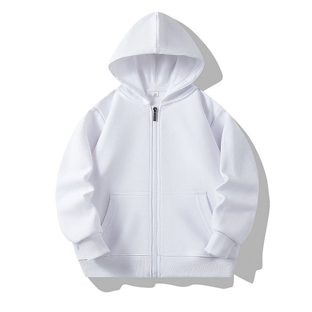 Milgrthf Unisexe Garçons Filles Chandails d'Automne Sport Décontracté Manches Longues Fermeture Éclair Complète Mignon Col Ras du Cou Basique Couleur Unie Chandails à Capuchon Chandail avec Poche Blanc 11-12 Ans