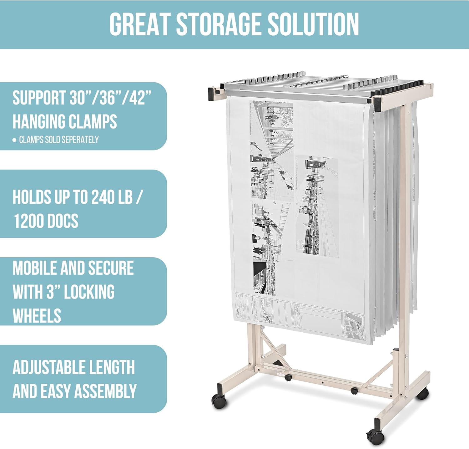 Adir Mobile Blueprint Storage Rack - Adjustable Mobile Blueprint Holder, Vertical Architect Drawing Rack with Wheels, Poster Rack Display, Construction Plans Holder (Without Blueprint Clamps)