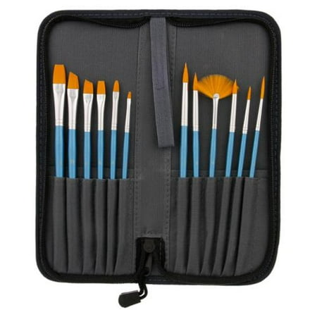 12pc Short Handle Nylon Hair Artist Paint Brush Set Blue Handle w/ Carry