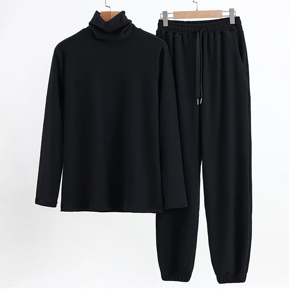 YMNXA Men'S Pajama Set Long Sleeve Turtleneck Solid Color Top And Pant Comfortable Soft Loungewear Outfits For Daily Wear Black Xxl/05