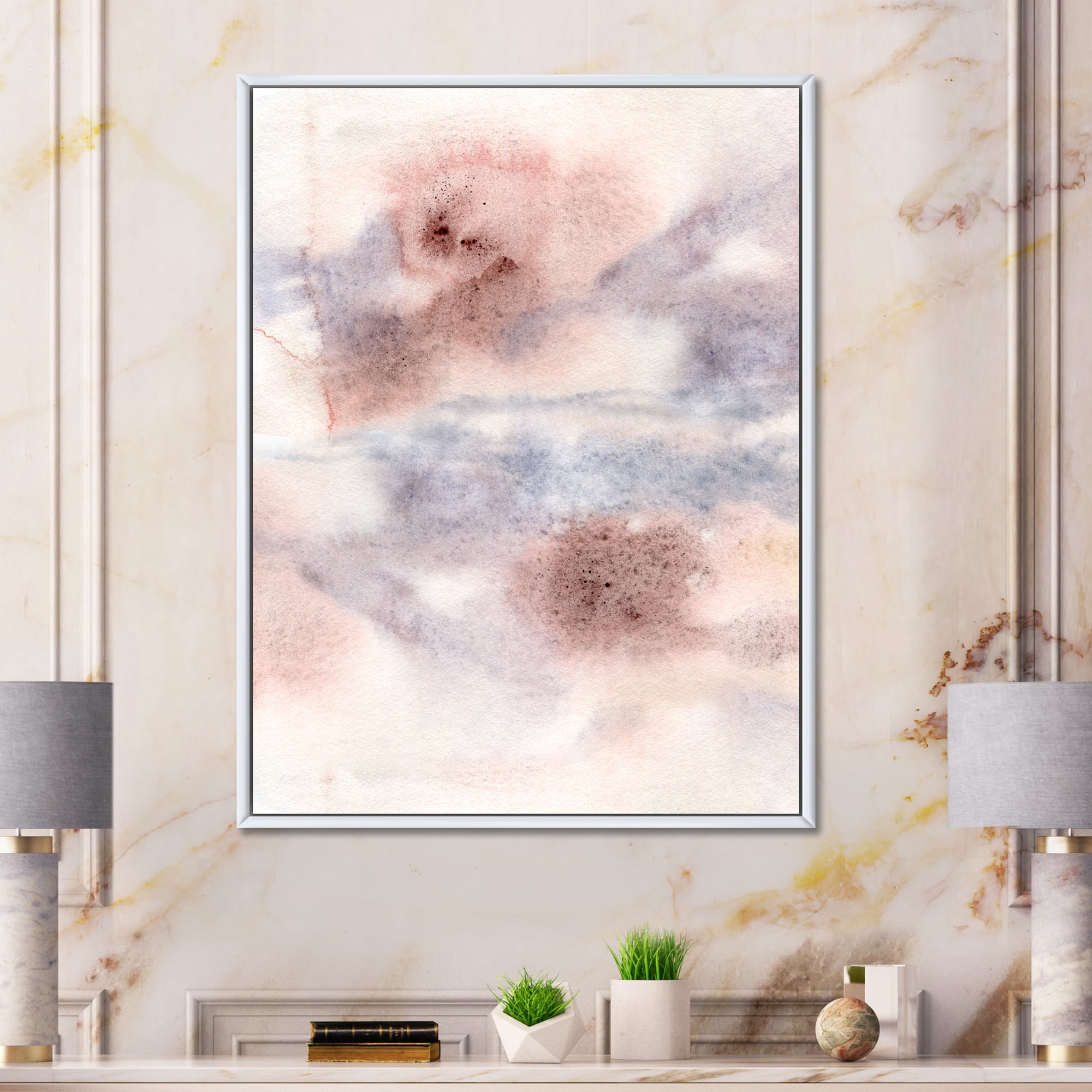 Pastel Abstract With Gray Blue Pink and Red Spots 24 in x 32 in Framed Painting Canvas Art Print, by Designart