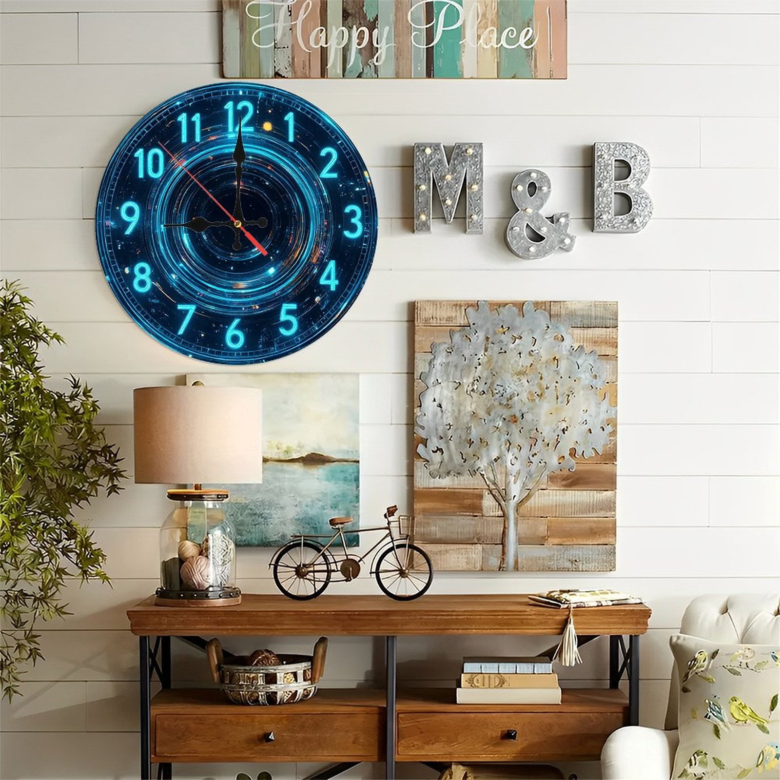 Neon Clock Wall Art Blue Digital Circular 10-Inch Silent Wooden Wall Clock, Battery Operated (AA Batteries Not Included), Artistic Home Decor