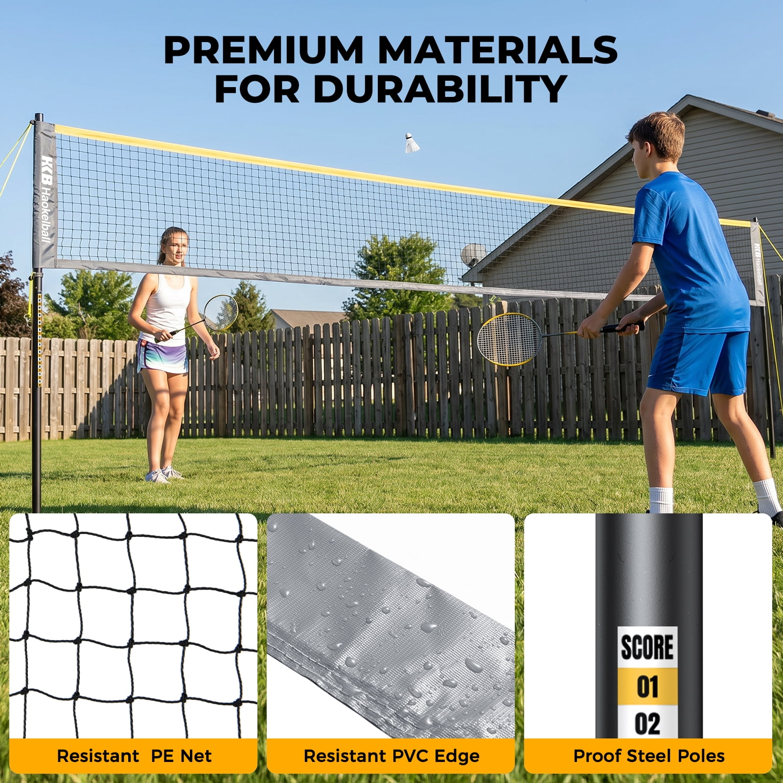 Haokelball Badminton Set with Net for Backyard – Outdoor Game Set with Tension Adjuster, 4 Rackets, Shuttlecocks, Poles, Boundary Line & Carry Bag