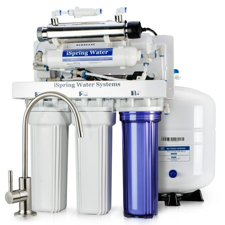 Booster Pump Systems - iSpring RCC1UP RCC1UP-N 6 Stage 100 GPD Maximum Performance UnderSink Reverse Osmosis Drinking Water Filtration System With Booster Pump And UV Sterilizer White