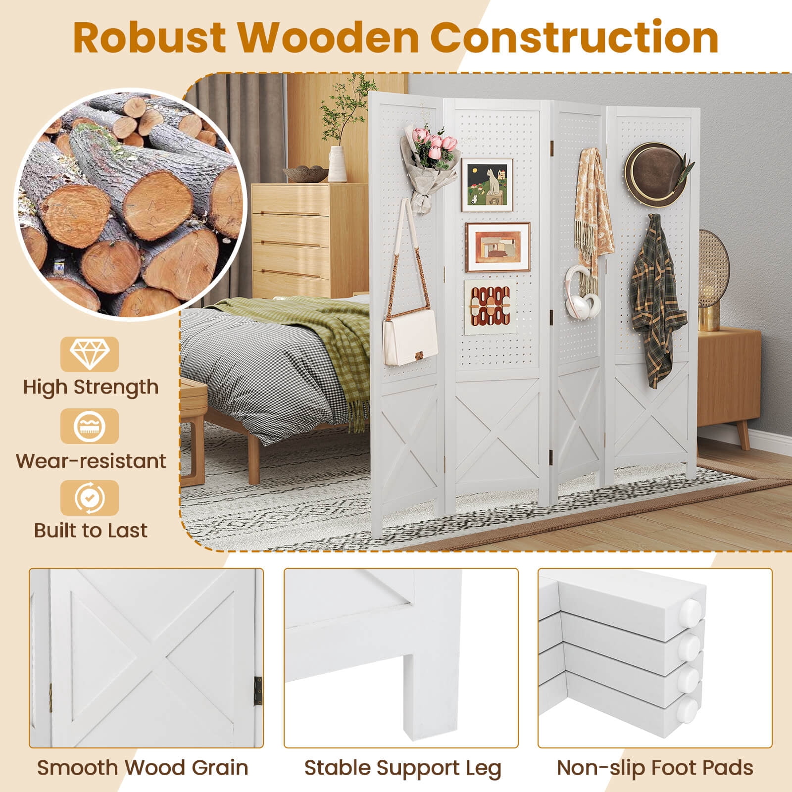 Costway 4-Panel Pegboard Display Stand, 4.7 FT Folding Room Divider, Freestanding Screen White