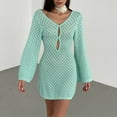 thumbnail image 2 of Alkepwun Beach Cover Ups for Women Sexy Deep V Neck Crochet Knit Hollow Out Cover Up Dress Summer Boho Long Bell Sleeve Mini Dress Summer Beach Vacation Swimsuit, 2 of 6