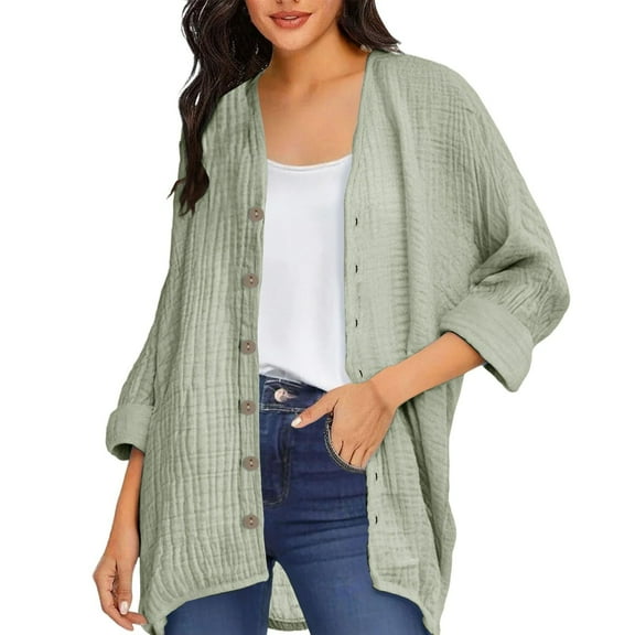 XUNKUSGA Lightweight Cardigans for Women Cotton Linen Solid Color Long Sleeved Button-Down Tops for Women Trendy Casual Loose Fit Mid-Length Cardigan