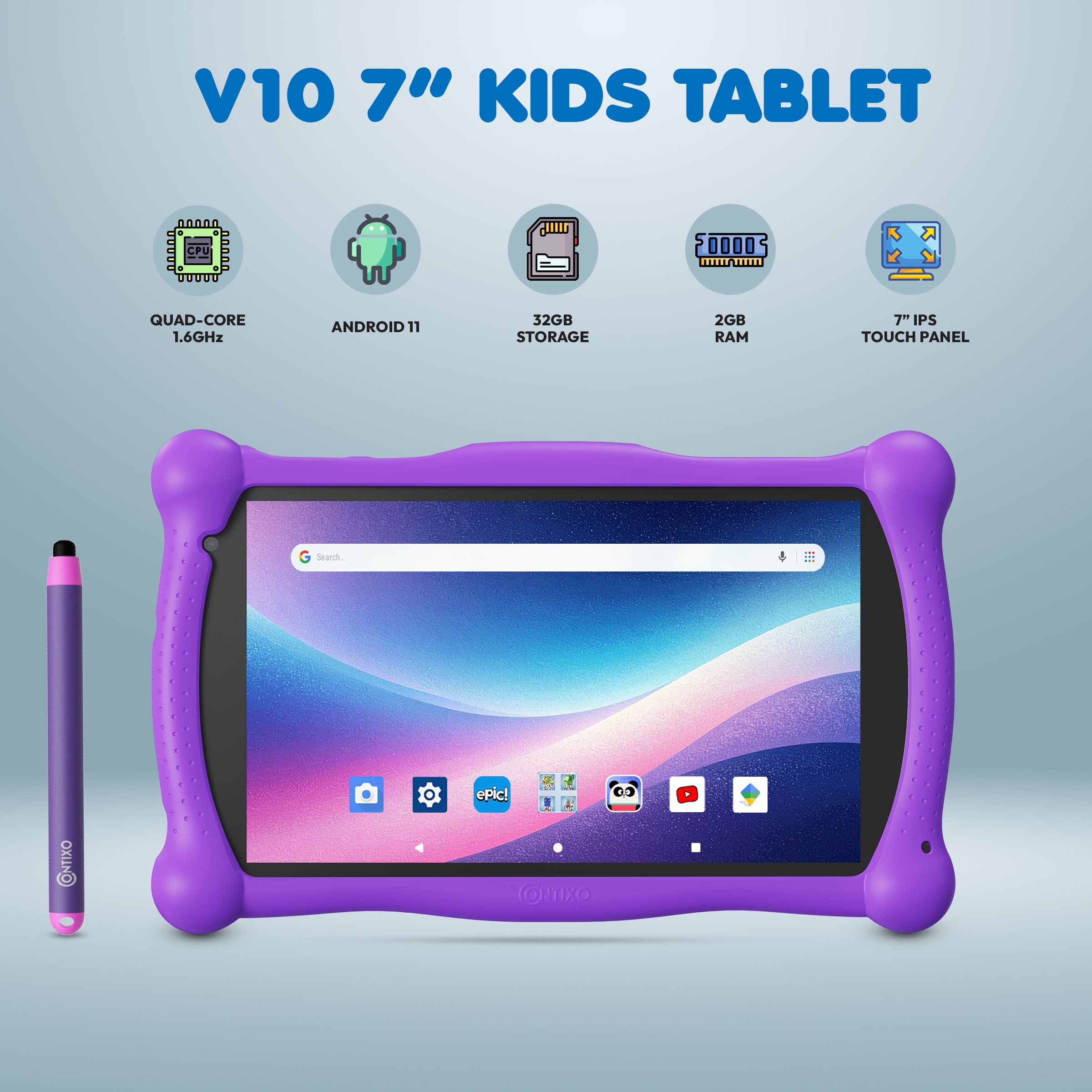 Contixo 7-Inch Kids Tablets, Educational Android Tablet with Stylus and Kickstand Case, 32GB, Ages 3-12, Purple