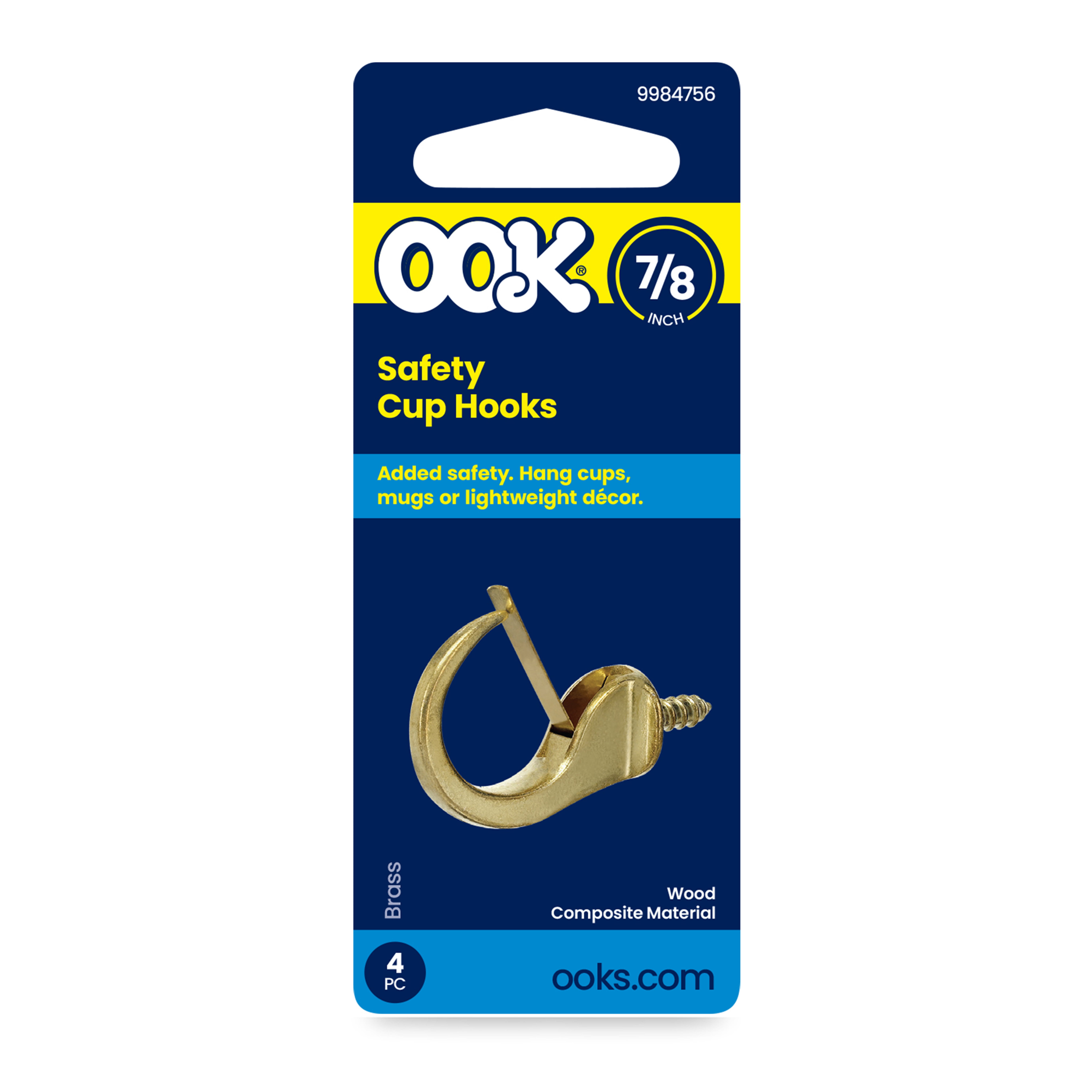 (3 pack) Ook Safety Cup Hooks, 7/8", 0.5 lbs, Screw Hooks, Steel, Brass Finish, Gold, 4 pack
