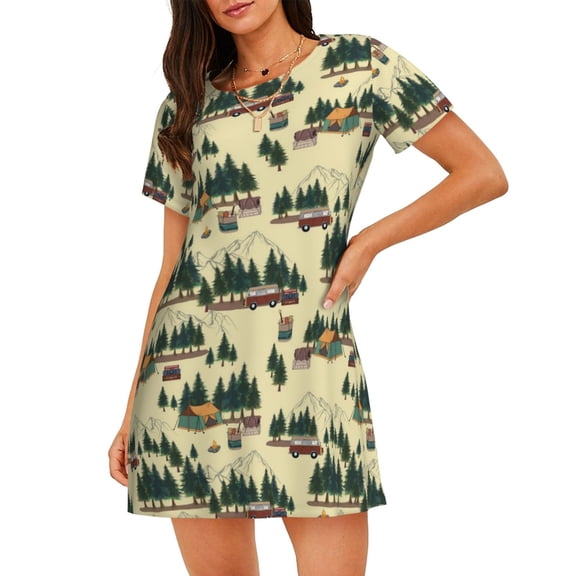 Logiee Camping Caravan 1 Print Nightgowns for Women,Soft Short-Sleeved Lightweight Sleepwear, Loose Sleepshirts