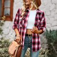 thumbnail image 4 of Woman Plaid Collared Shirt, Two Pockets Button Down V Neck Top Comfortable Button Cuffs  For Work For Autumn Red,Khaki,Green,Black White, 4 of 8