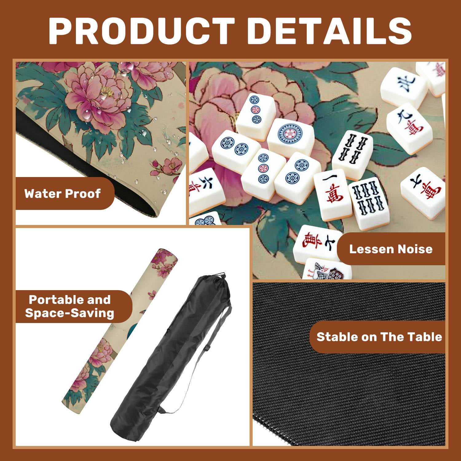 Mahjong Mat 31.5" x 31.5" Peacock Blossoming Flowers Traditional Chinese Landscape Non-Slip Noise Reduction American Mahjong Tiles Table Cover for Dominoes Poker Card Board Games Gift