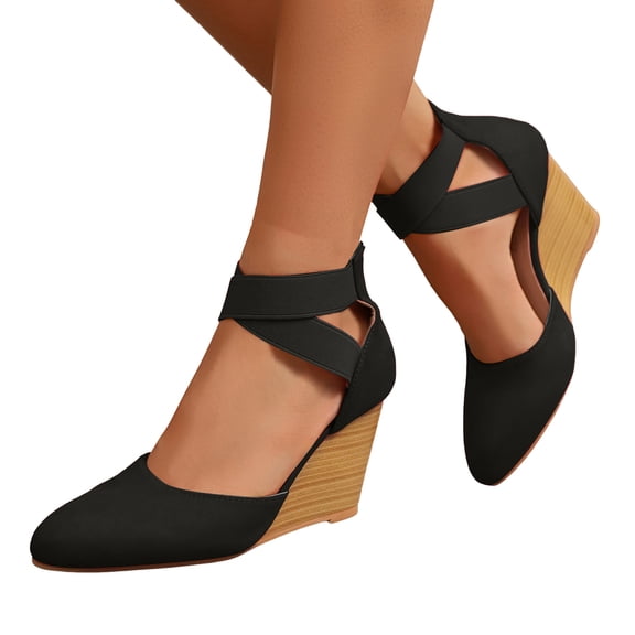 Rokment Strappy Wedge Heeled Dressy Shoes for Women Ladies 2026 Summer Fall Fashion Casual Pointed Closed Toe Ankle Strap Dress High Heels Sandals Bride Wedding Business Work Black Size 6