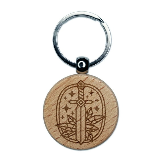 Magical Sword and Crystals Round Keychain Charm Tag - Engraved Wood
