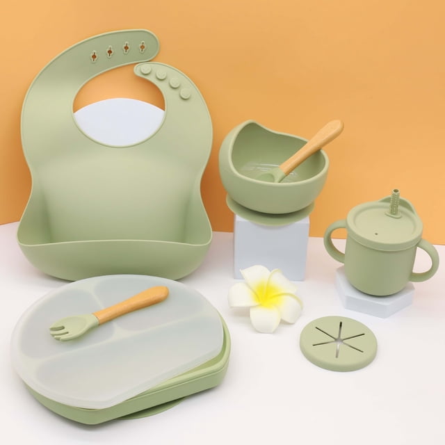 Plato de silicona para la cena, babero para bebé, cuenco para bebé, vajilla para niños, mantel individual, cuchara, tenedor, juego de taza para refrigerio resistente a caídas