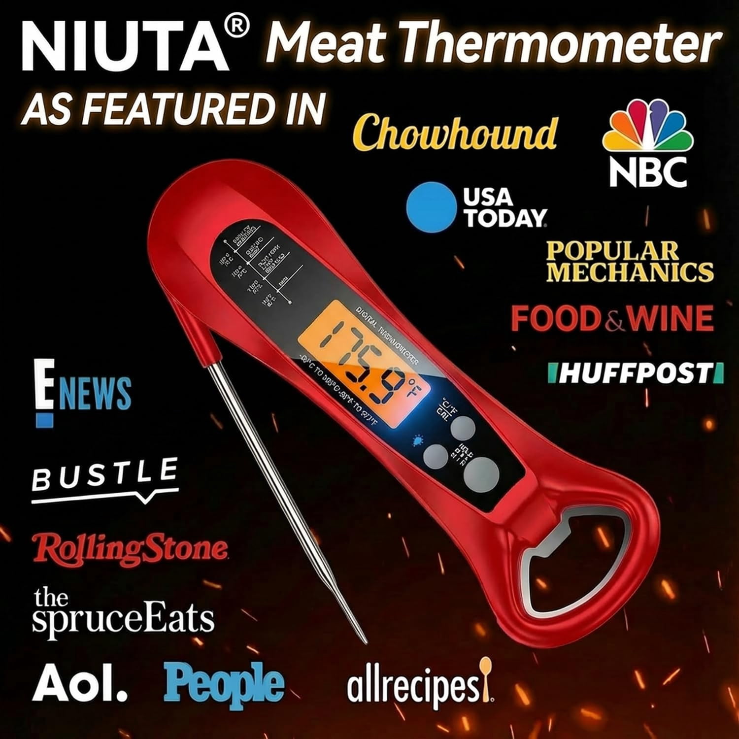 NIUTA Meat Thermometer Digital, 1 Sec Instant Read Thermometer, NIST Certified ±0.5°F Digital Food Thermometer, Waterproof Kitchen Thermometer for Cooking, Grill, BBQ, Smoker, Oven