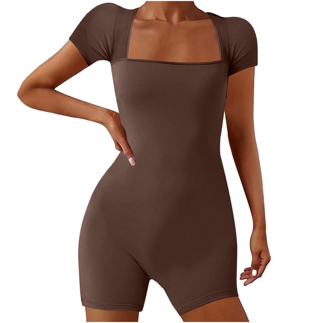 AherBiu Yoga Bodysuits for Women Square Neck Short Sleeve Slim Stretchy Workout Short Jumpsuits Rompers