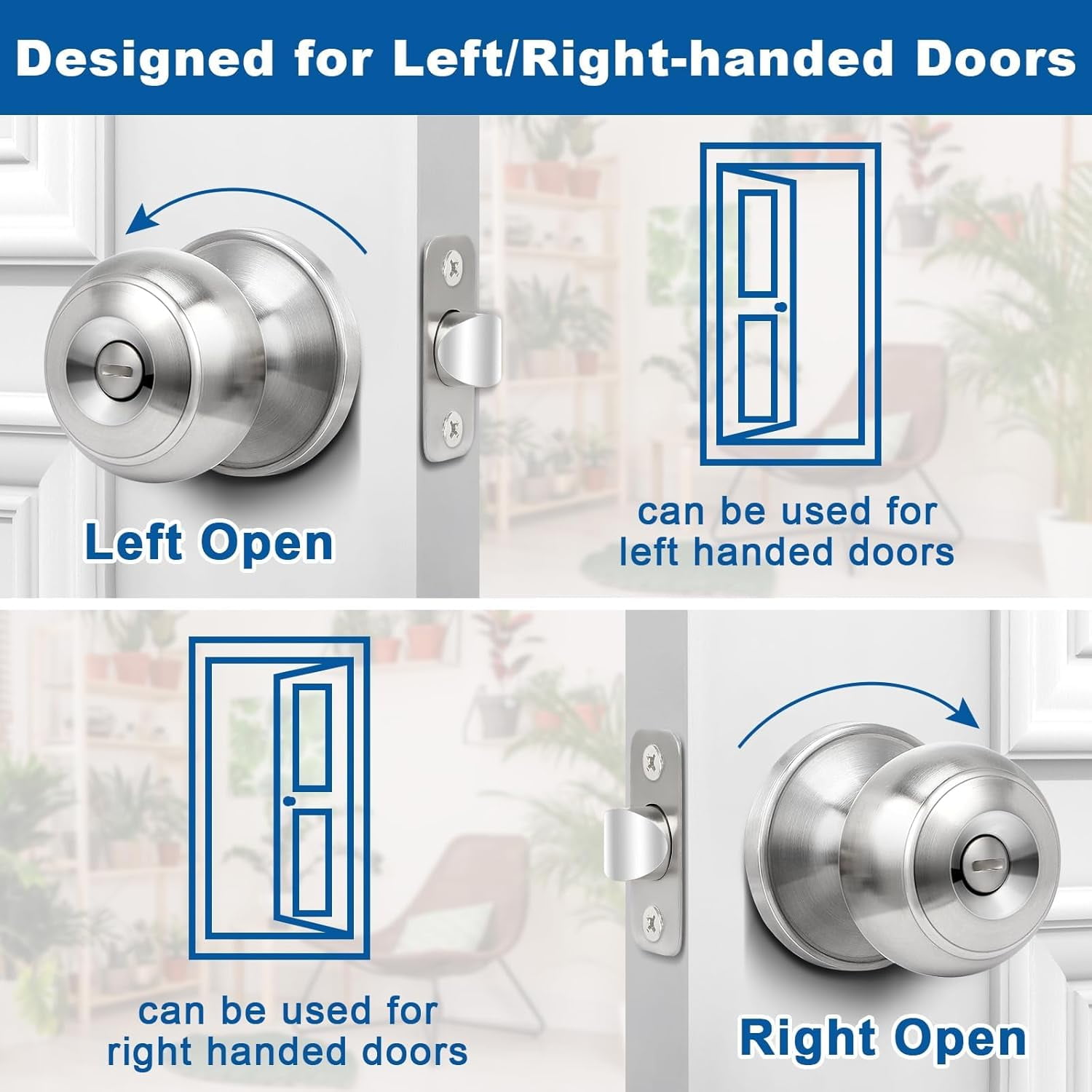 Privacy Door Knob, 10 Pack Brushed Nickel Round Keyless Doorknobs Interior/Exterior Lockset, Privacy Locking Door Knobs for Bedroom/Bathroom, Modern Design Door Hardware
