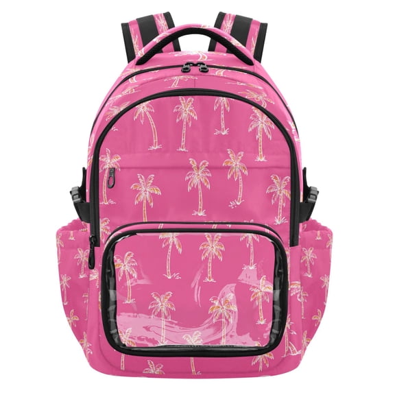 Qxltty Bright Pink Coconut Tree Backpack School Bookbag with Clear PVC Front Pocket, Laptop Compartment, Water Resistant Travel Daypack for Students