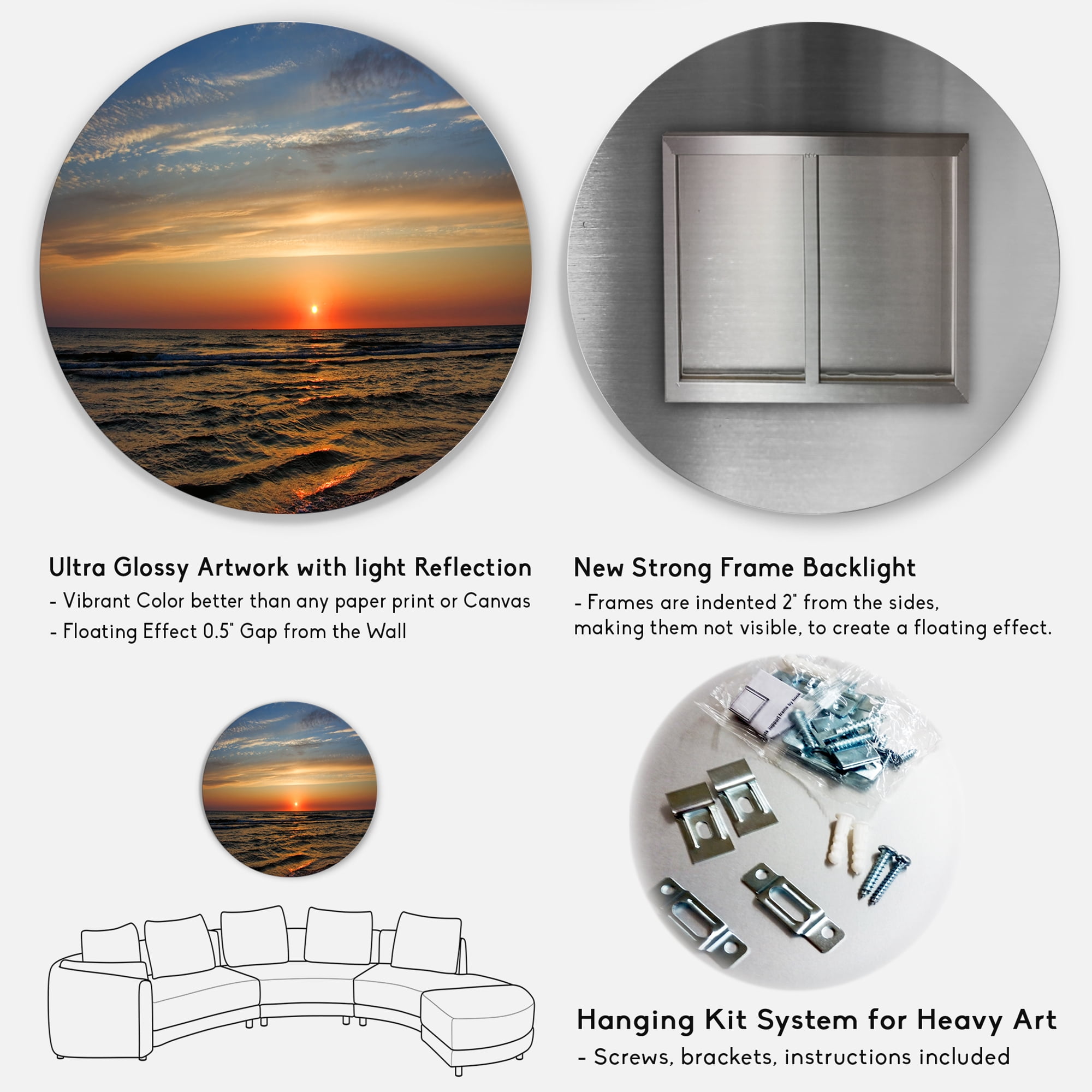 Designart 'Red Sunset with Dark Ocean Waves' Seascape Metal Circle Wall Art