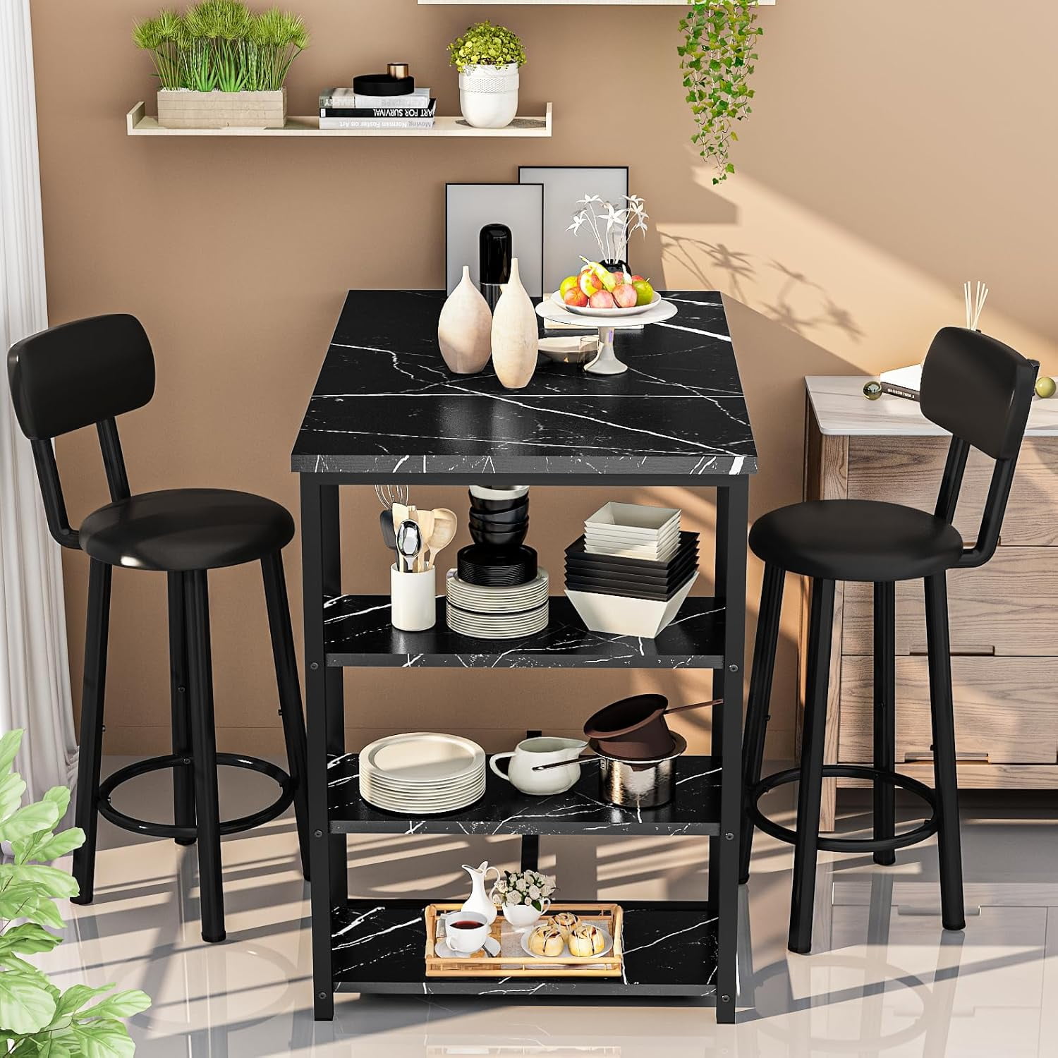 LinkRomat Dining Table Set for 2,3 Piece Pub Table and Chairs Set with Storage Shelves, Small Space Bistro Kitchen & Bar Tables, Counter Height Dining Set, Black