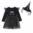 thumbnail image 3 of HILEELANG Toddler Girls Halloween Dress 2–7Y, Long Sleeve Pumpkin Ghost Black Cat Print Tulle Skirt with Witch Hat 5 years old, 3 of 8