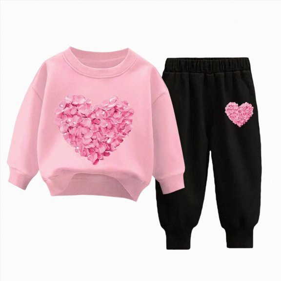 mgoYE Girls Outfit Sets 2 Pieces, Heart Printed Long Sleeve Pullover Black Pants Girls Clothing Sets 9-10 Years