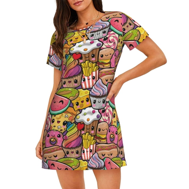 Balery Fruit-Flavored Ice-Cream Camisón de manga corta con cuello redondo para mujer, cómodo y elegante.