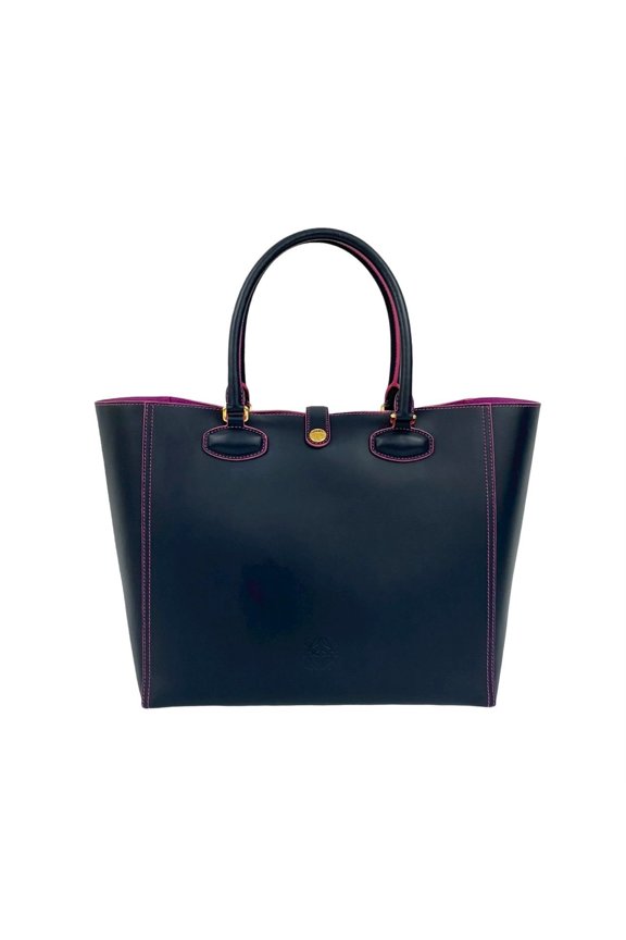 Pre-Owned LOEWE Leo Anagram Tote Bag, Leather Handbag, Navy Pink, i47-4