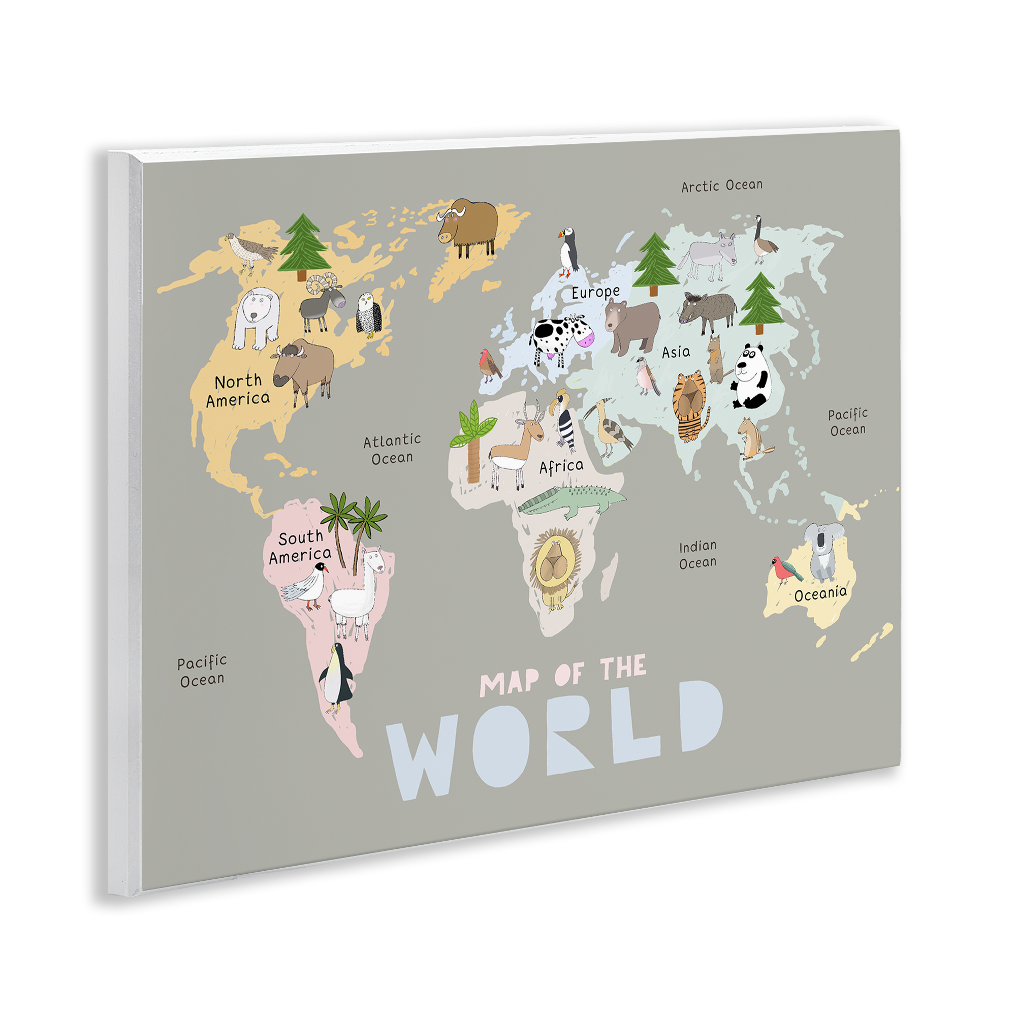 Kid's Map Of World Grey Wall Plaque Art, design by Carla Daly