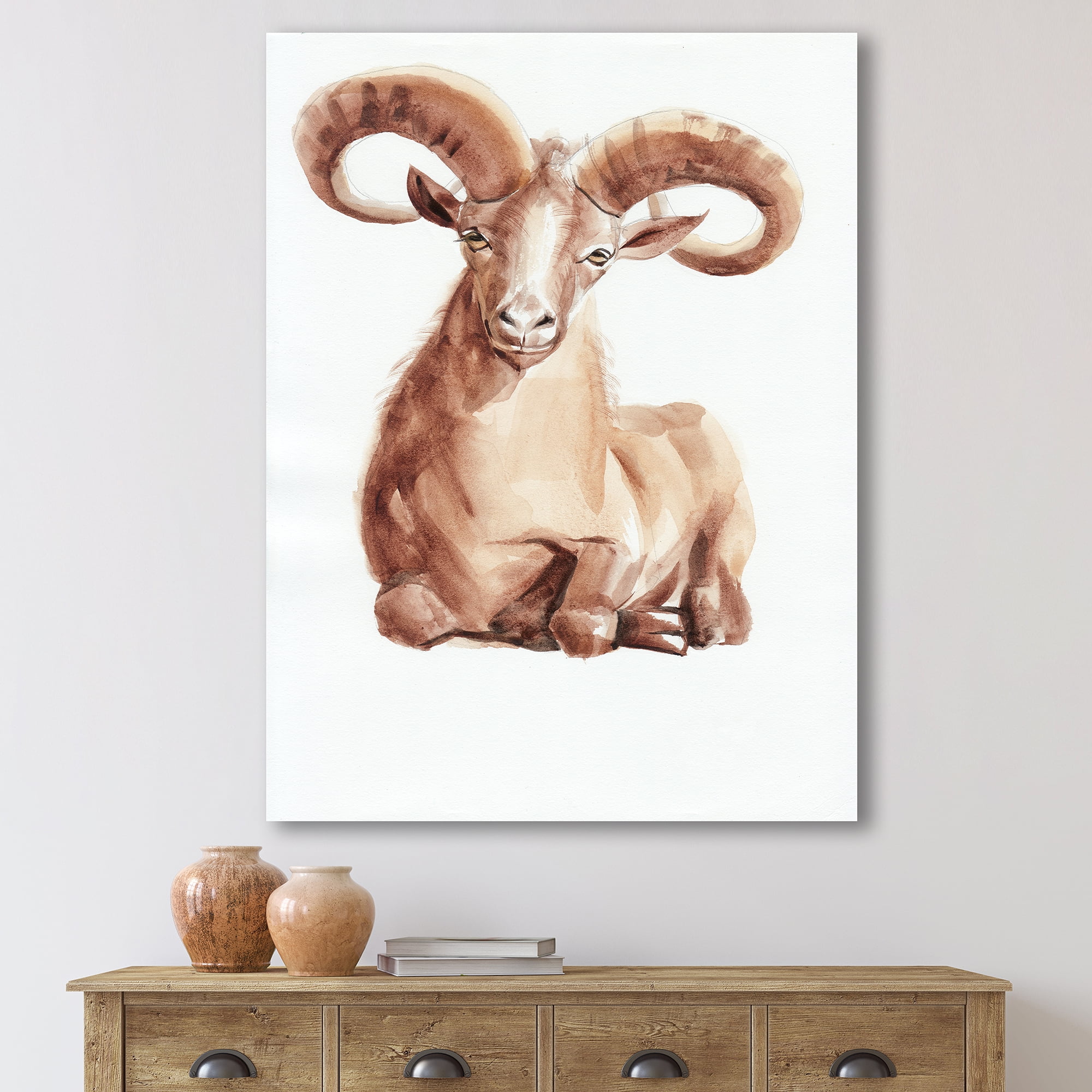 Designart ' Abstract Portrait of Wild Ram With Mighty Horns II ' Farmhouse Canvas Wall Art Print