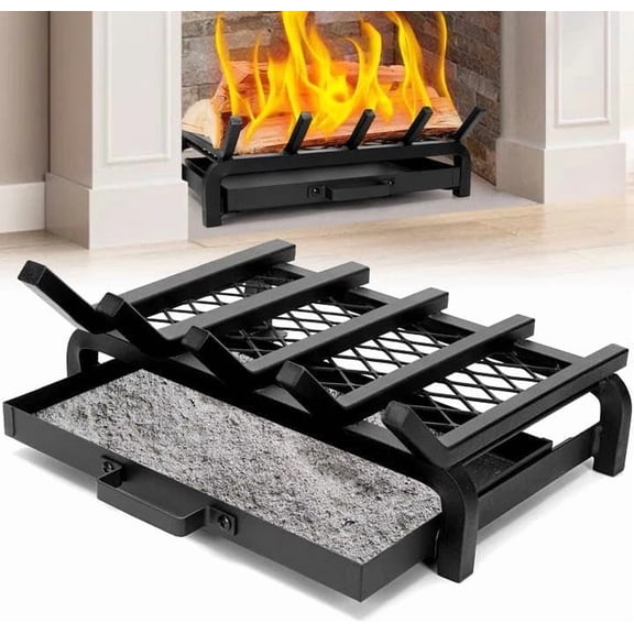 Fireplace Grate 17 Inch- Wood Stove Fireplace Log Grates Set with Ember & Ash Trays Pan, Heavy Duty Wrought Cast Iron Rack Holder Pit for Indoor Outdoor Chimney Hearth，Fireplace Stove