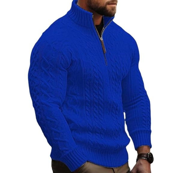 Men's Quarter Zip Sweater Waffle Knit Sweater Mock Neck Sweater Casual Pullover Cable Knit Sweater Blue 3XL