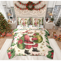 Manfei Cartoon Santa Claus Bedding Comforter Set 7 Pieces, Christmas Poinsettia Flower Full Bedding Set, Vintage Festival Reversible Fitted Sheet Flat Sheet, Breathable Home Decor