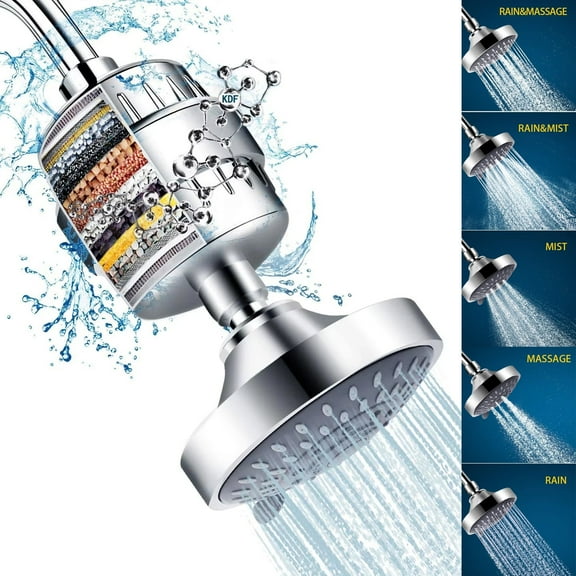 FEELSO Shower Head with Filter, Shower Head and Hard Water Showerhead Filters Combo, 5 Spray High Pressure Showerhead with 15 Stage Filter